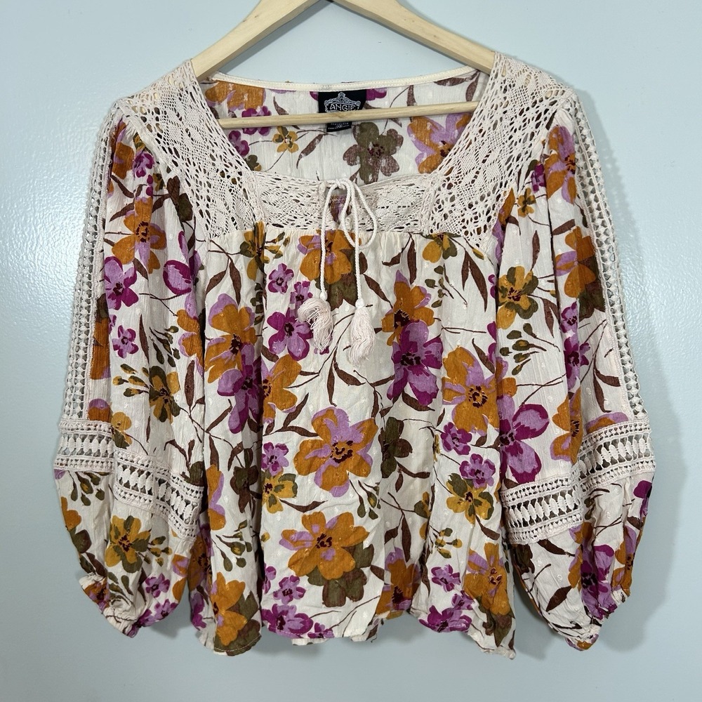 Angie Top Women's XS Boho Peasant Crochet Bloomcore Lagenlook Floral Festival